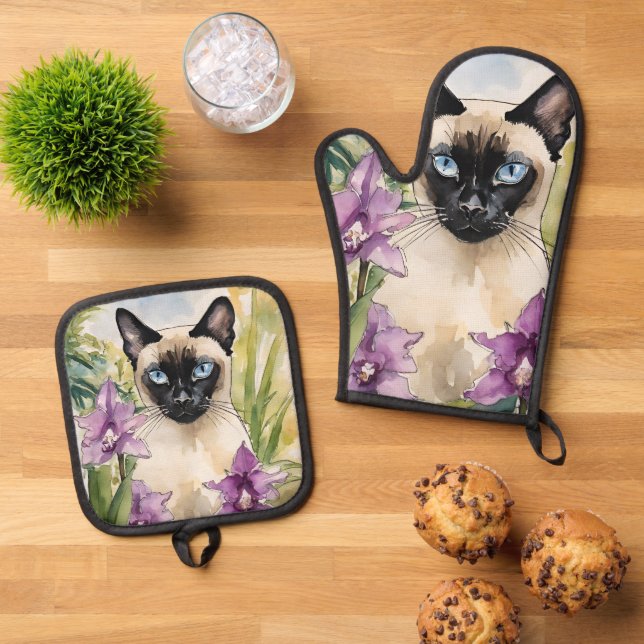 Siamese  Cat Oven Mitt & Pot Holder Set (Top Down)