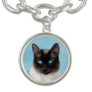 Siamese Cat Painting - Cute Original Cat Art Charm Bracelet