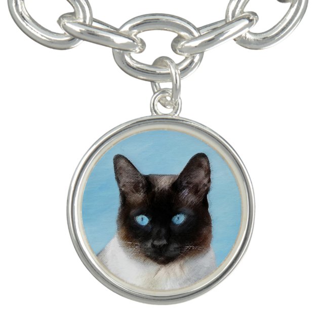Siamese Cat Painting - Cute Original Cat Art Charm Bracelet (Design)