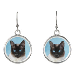 Siamese Cat Painting - Cute Original Cat Art Earrings