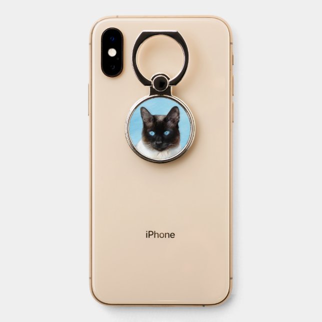 Siamese Cat Painting - Cute Original Cat Art Phone Ring Stand (On Phone)
