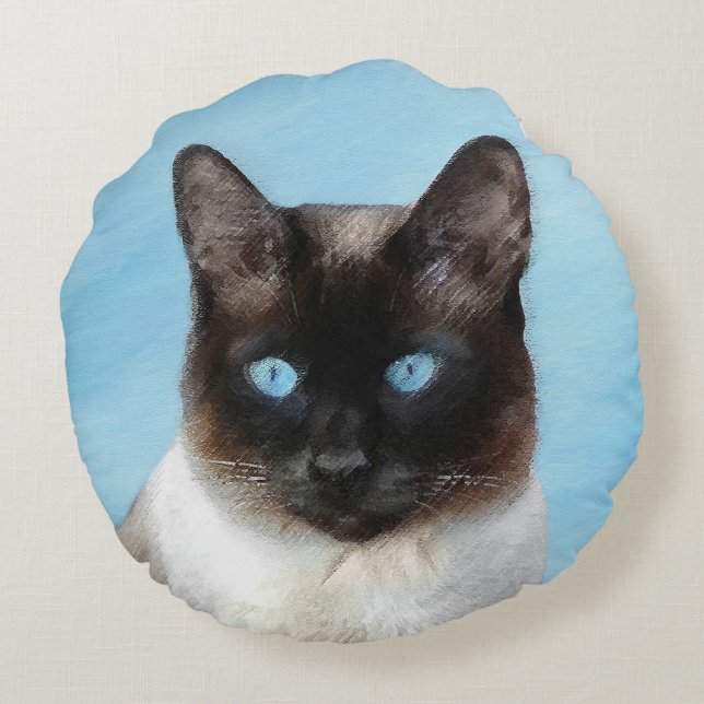 Siamese Cat Painting - Cute Original Cat Art Round Pillow (Back)
