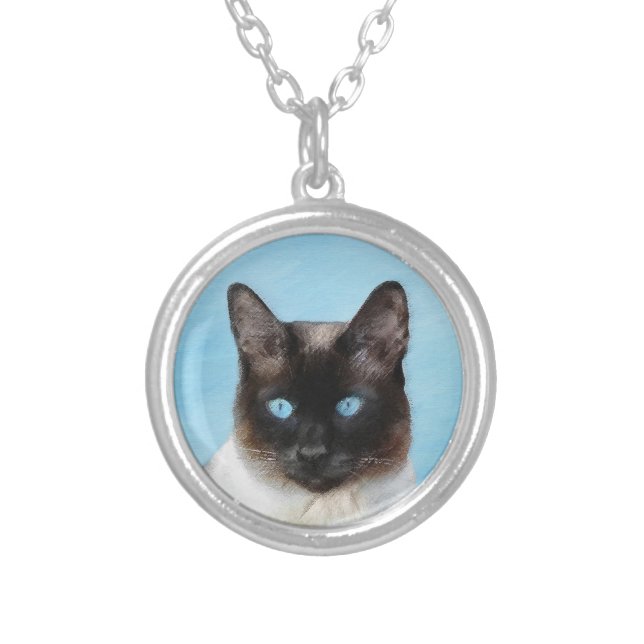 Siamese Cat Painting - Cute Original Cat Art Silver Plated Necklace (Front)
