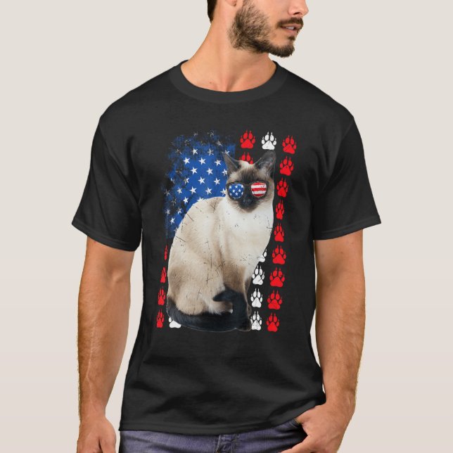 Siamese Cat Paws USA Flag Indepedence Day 4th Of J T-Shirt (Front)