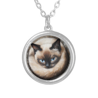 Siamese Cat Portrait Cat Mom Gift Silver Plated Necklace