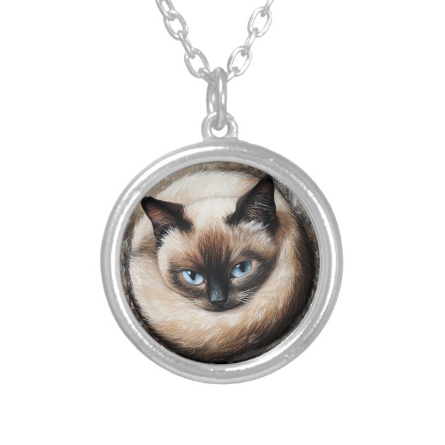 Siamese Cat Portrait Cat Mom Gift Silver Plated Necklace (Front)