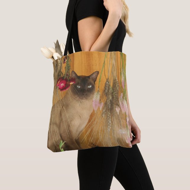 Siamese Cat Posing With Flowers Animal  Tote Bag (Close Up)