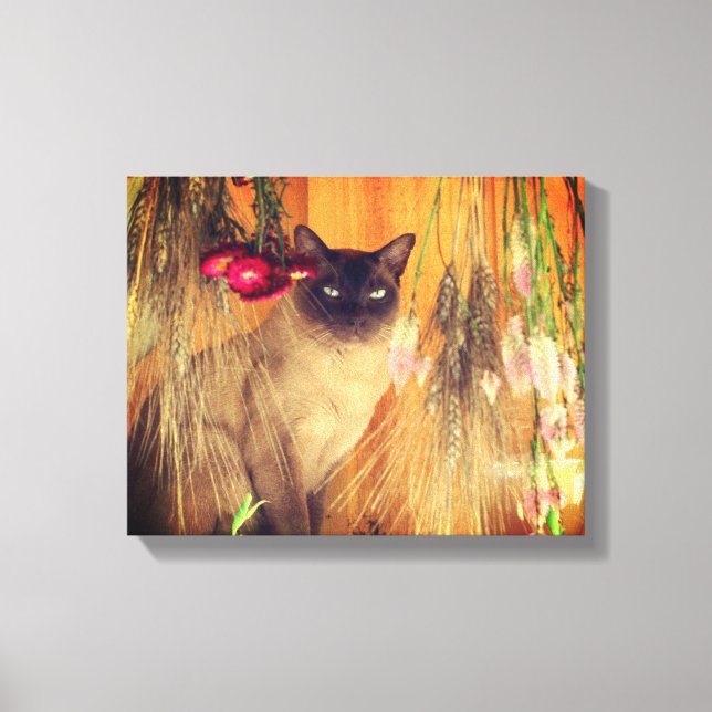 Siamese Cat Posing With Flowers Canvas Print (Front)