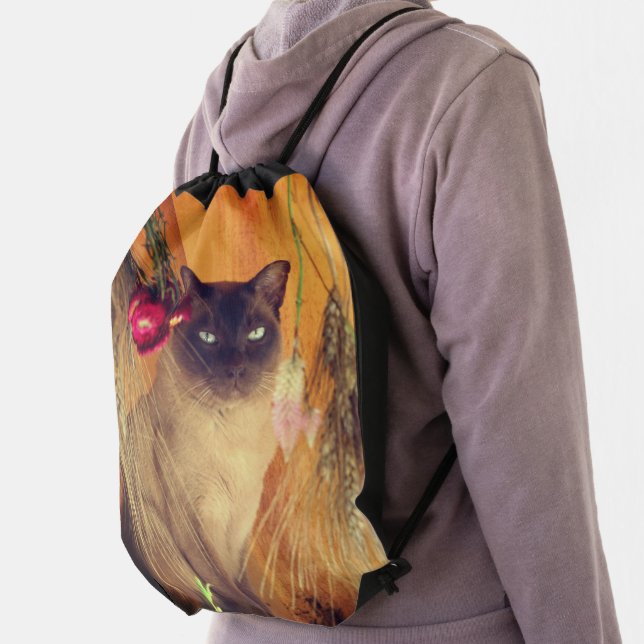 Siamese Cat Posing With Flowers Drawstring Bag (Insitu)