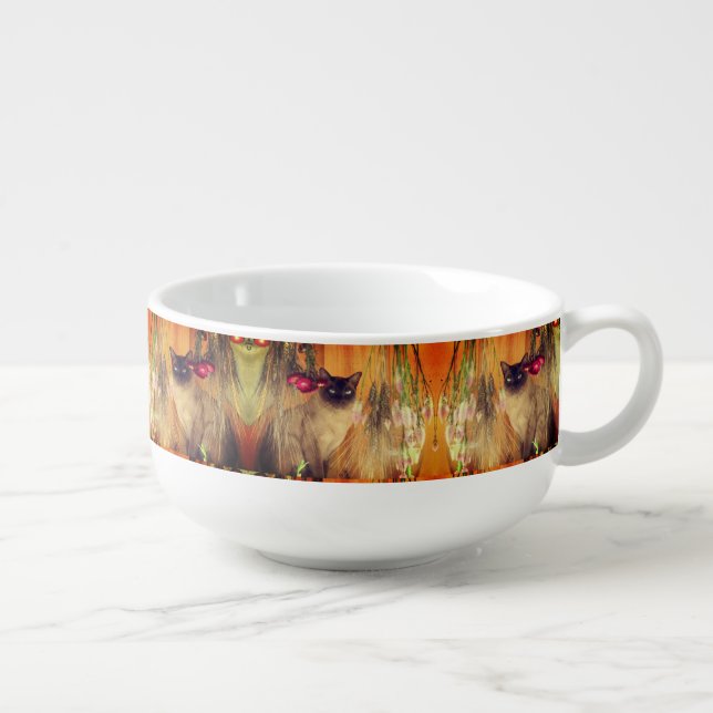 Siamese Cat Posing With Flowers Soup Mug (Left)