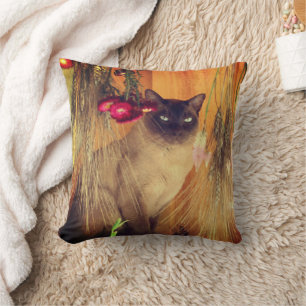 Siamese Cat Posing With Flowers Throw Pillow
