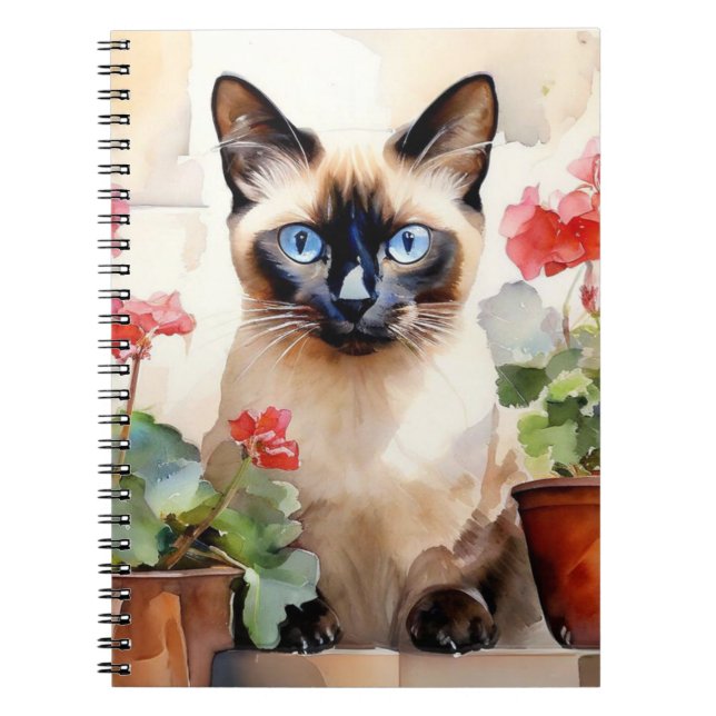 Siamese Cat Red Flowers Whimsical Cute Watercolor Notebook (Front)