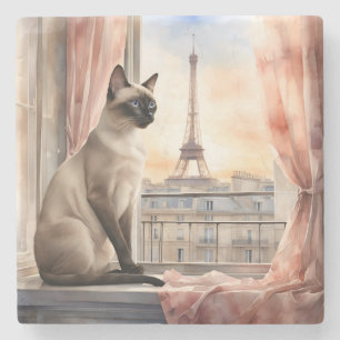 Siamese Cat Relaxing on Parisian Window Sill Stone Coaster