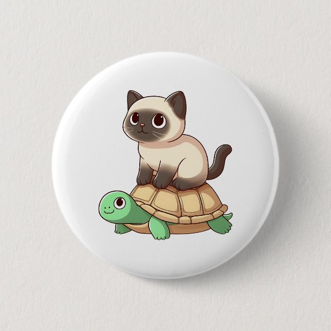 Siamese cat rides turtle Copy Button (Front)