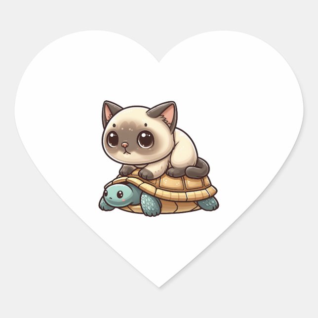 Siamese cat rides turtle heart sticker (Front)