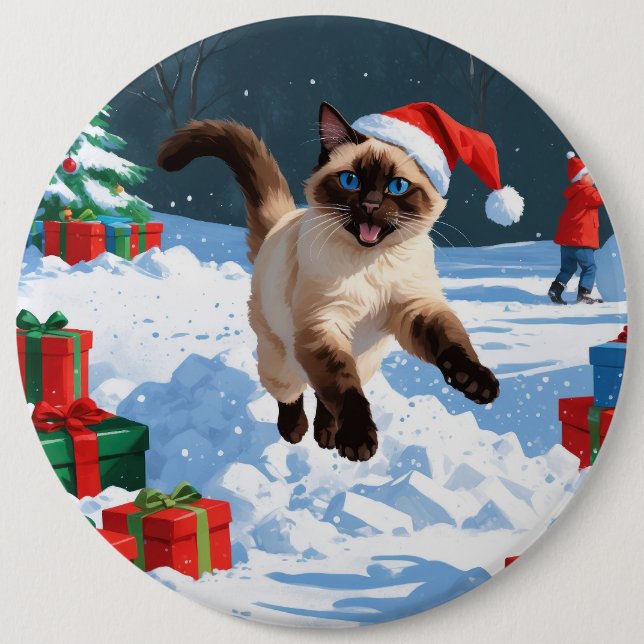 Siamese Cat Running in Snow with Christmas Hat Button (Front)