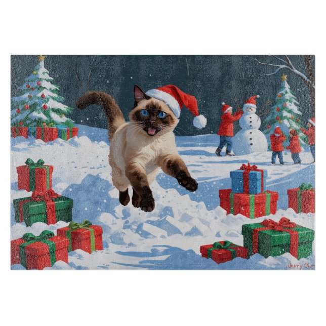 Siamese Cat Running in Snow with Christmas Hat Cutting Board (Front)