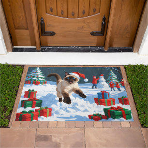 Siamese Cat Running in Snow with Christmas Hat Doormat