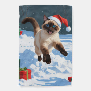 Siamese Cat Running in Snow with Christmas Hat Garden Flag