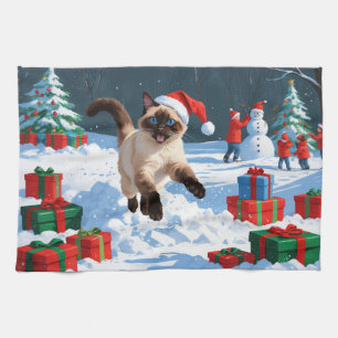 Siamese Cat Running in Snow with Christmas Hat Kitchen Towel