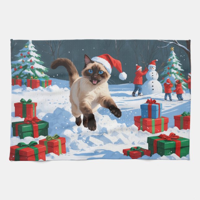 Siamese Cat Running in Snow with Christmas Hat Kitchen Towel (Horizontal)
