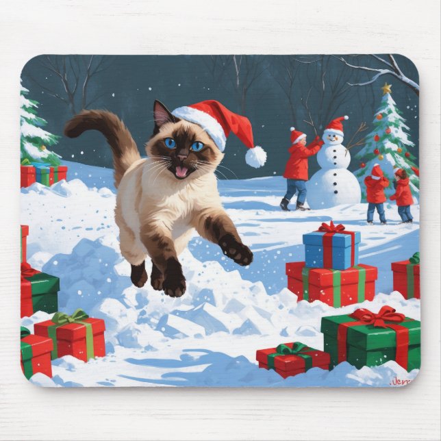Siamese Cat Running in Snow with Christmas Hat Mouse Pad (Front)
