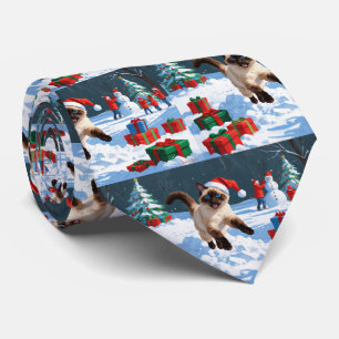 Siamese Cat Running in Snow with Christmas Hat Neck Tie
