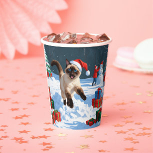 Siamese Cat Running in Snow with Christmas Hat Paper Cups