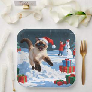 Siamese Cat Running in Snow with Christmas Hat Paper Plates
