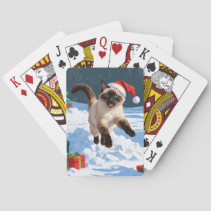 Siamese Cat Running in Snow with Christmas Hat Poker Cards