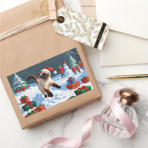 Siamese Cat Running in Snow with Christmas Hat Rectangular Sticker