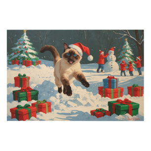 Siamese Cat Running in Snow with Christmas Hat Wood Wall Art