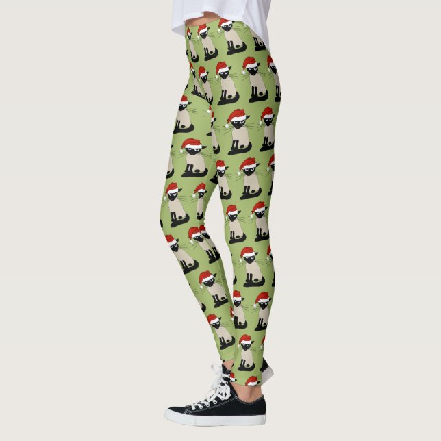 Siamese Cat Santa Funny Christmas Holiday Leggings (Left)