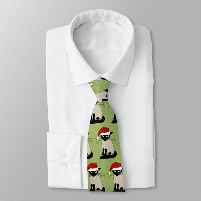 Siamese Cat Santa Funny Christmas Holiday Neck Tie (Tied)