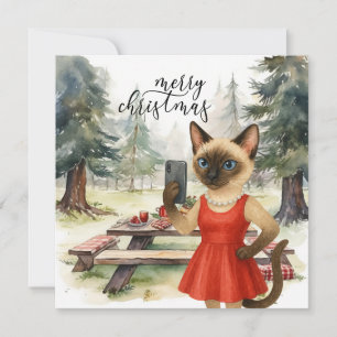 Siamese Cat Sending Message Merry Christmas Holiday Card