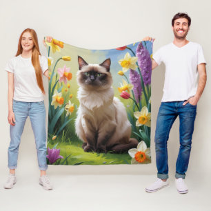 Siamese Cat Spring Flowers Painting Fleece Blanket