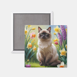 Siamese Cat Spring Flowers Painting Magnet