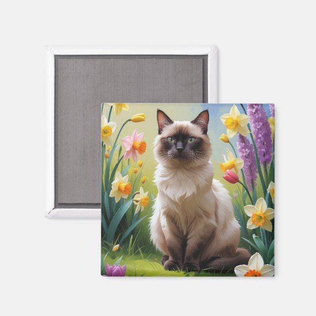 Siamese Cat Spring Flowers Painting Magnet (Front/Back)