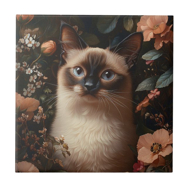 Siamese Cat Surrounded By Blush Pink Flowers Ceramic Tile (Front)