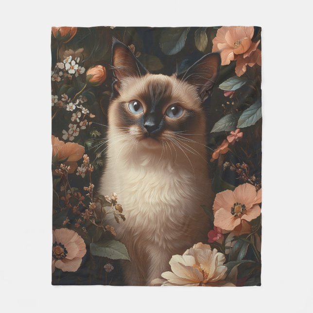 Siamese Cat Surrounded By Blush Pink Flowers Fleece Blanket (Front)