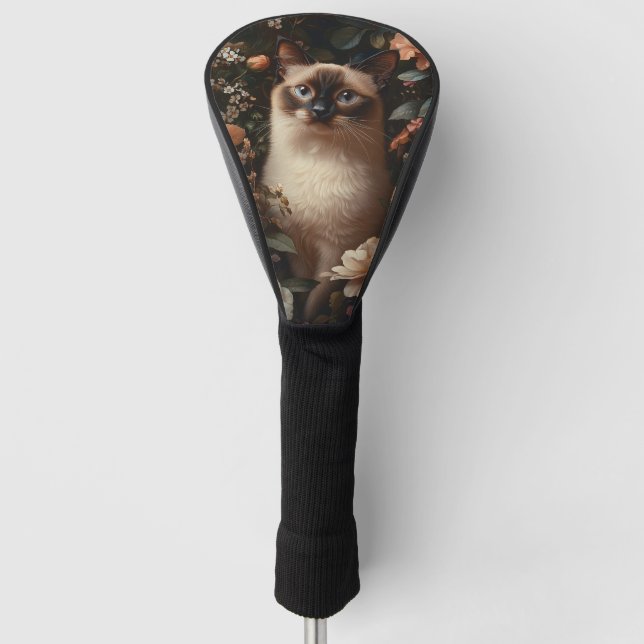 Siamese Cat Surrounded By Blush Pink Flowers Golf Head Cover (Front)
