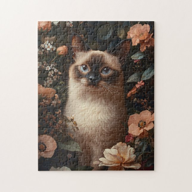 Siamese Cat Surrounded By Blush Pink Flowers Jigsaw Puzzle (Vertical)