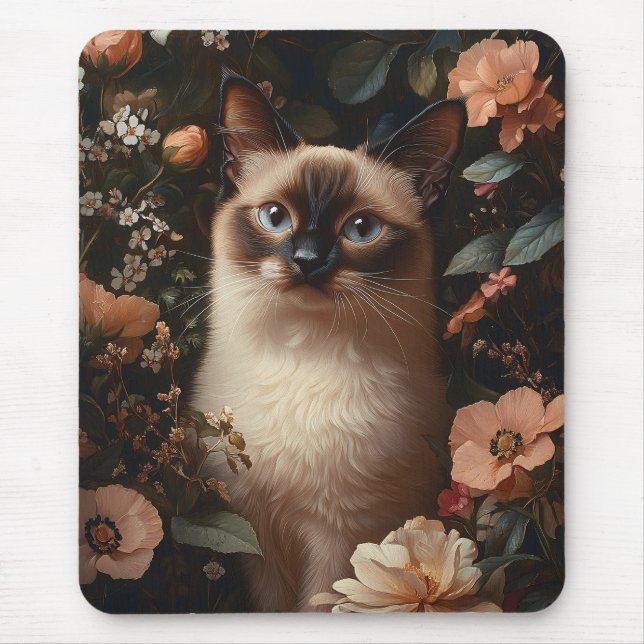 Siamese Cat Surrounded By Blush Pink Flowers Mouse Pad (Front)