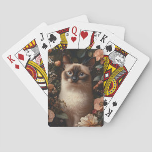 Siamese Cat Surrounded By Blush Pink Flowers Poker Cards