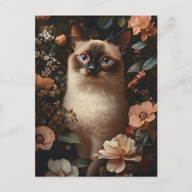 Siamese Cat Surrounded By Blush Pink Flowers Postcard (Front)