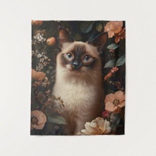 Siamese Cat Surrounded By Blush Pink Flowers Tapestry