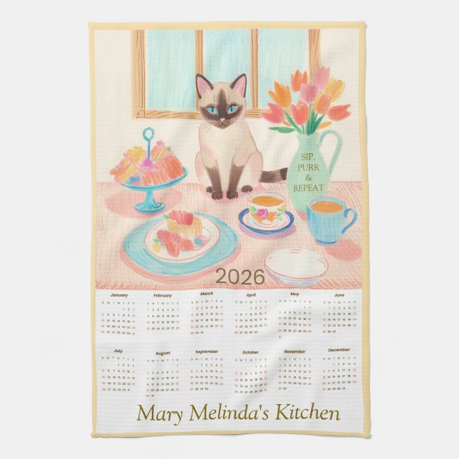 Siamese Cat & Tea Party Kitchen Towel Calendar (Vertical)