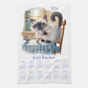 Siamese Cat Tea Time 2026 Calendar Kitchen Towels