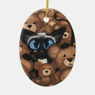 Siamese Cat Teddy Bear Hug by BiHrLe Ceramic Ornament