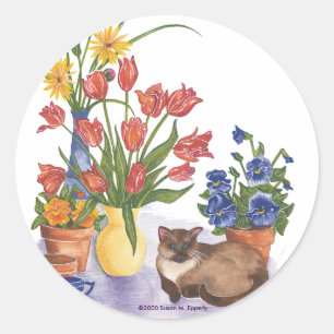 Siamese Cat Tulips Pansies Watercolor "Chester" Classic Round Sticker